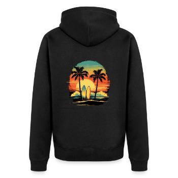 Strand Palmen Retro Surfen Wasser Sonnenuntergang - Unisex Premium Bio Zip Hoodie - Schwarz - Hinten - Nico (187cm)