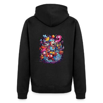 Cartoon Figuren Monster Mensch Tiere Bunt - Unisex Premium Bio Zip Hoodie - Schwarz - Hinten - Nico (187cm)