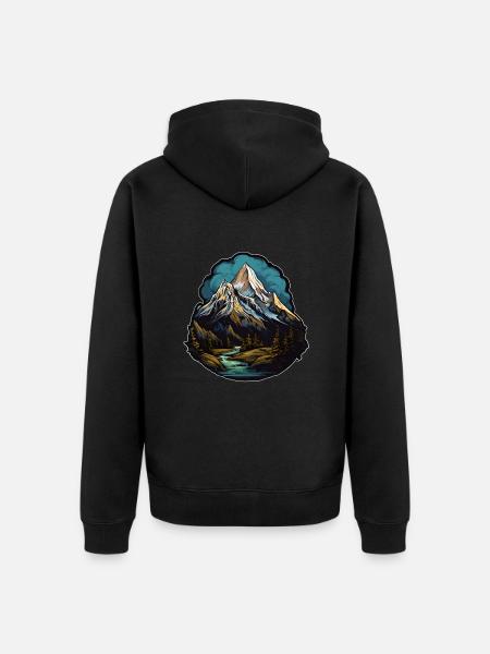 Berg Wald Fluss Himmel Düster Wasser Bäume Gipfel - Premium økologisk unisex-hættejakke - sort
