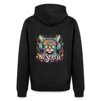 Cat with headphones Funny saying NO STRESS - Unisex Premium Organic Zip Hoodie - black - Back - Nico (187cm)