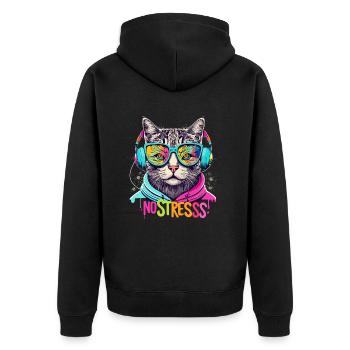 Cat with headphones Funny saying NO STRESS - Unisex Premium Organic Zip Hoodie - black - Back - Nico (187cm)