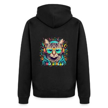 Cat with headphones Funny saying NO STRESS - Unisex Premium Organic Zip Hoodie - black - Back - Nico (187cm)