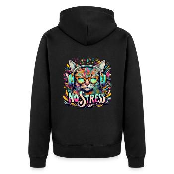Cat with headphones Funny saying NO STRESS - Unisex Premium Organic Zip Hoodie - black - Back - Nico (187cm)