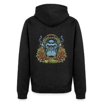 Gorilla with headphones Funny saying NO STRESS - Unisex Premium Organic Zip Hoodie - black - Back - Nico (187cm)