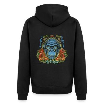 Gorilla with headphones Funny saying NO STRESS - Unisex Premium Organic Zip Hoodie - black - Back - Nico (187cm)