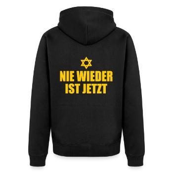 Nie wieder ist jetzt - Unisex Premium Bio Zip Hoodie - Schwarz - Hinten - Nico (187cm)