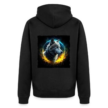 Wolf vor leuchtendem Mond - Unisex Premium Bio Zip Hoodie - Schwarz - Hinten - Nico (187cm)