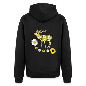 wilder Hirsch mit Sonnenblumen und Margeriten - Unisex Premium Bio Zip Hoodie - Schwarz - Hinten - Nico (187cm)