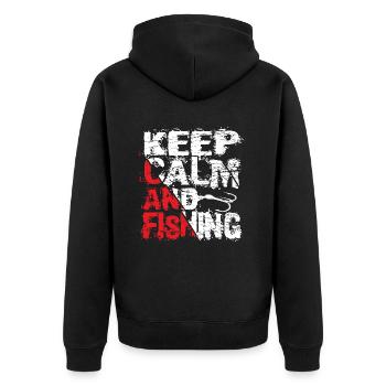 Keep Calm And Fishing Angler Fischer Sprüche - Unisex Premium Bio Zip Hoodie - Schwarz - Hinten - Nico (187cm)