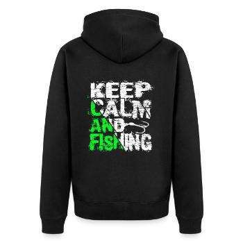 Keep Calm And Fishing Angler Fischer Sprüche - Unisex Premium Bio Zip Hoodie - Schwarz - Hinten - Nico (187cm)