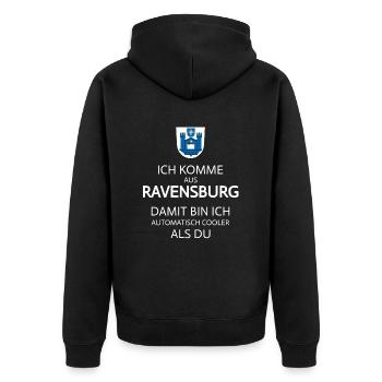 I'm from Ravensburg, Upper Swabia - Unisex Premium Organic Zip Hoodie - black - Back - Nico (187cm)