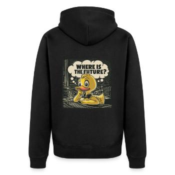 Canard en plastique jaune réfléchi - Veste à capuche bio Premium Unisexe - noir - Dos - Nico (187cm)