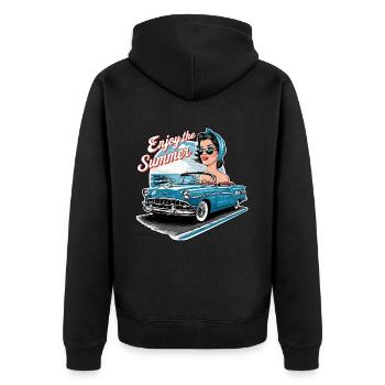 Cabrio Frau Enjoy the Summer 1950er 1960er - Unisex Premium Bio Zip Hoodie - Schwarz - Hinten - Nico (187cm)