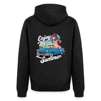 Cabrio Frau Enjoy the Summer 1950er 1960er - Unisex Premium Bio Zip Hoodie - Schwarz - Hinten - Nico (187cm)