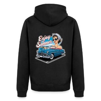 Cabrio Frau Enjoy the Summer 1950er 1960er - Unisex Premium Bio Zip Hoodie - Schwarz - Hinten - Nico (187cm)