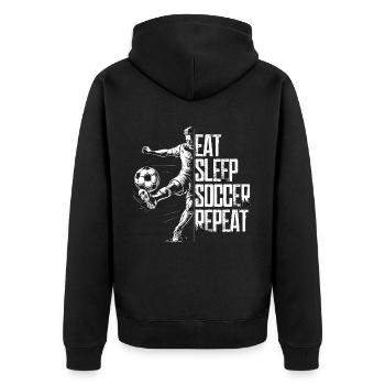 Eat Sleep Soccer Repeat für Fussballspieler - Unisex Premium Bio Zip Hoodie - Schwarz - Hinten - Nico (187cm)