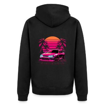 JDM Neon Japan Car Sonnenuntergang Retro - Unisex Premium Bio Zip Hoodie - Schwarz - Hinten - Nico (187cm)