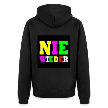 Nie wieder - Unisex Premium Bio Zip Hoodie - Schwarz - Hinten - Nico (187cm)