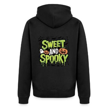 Sweet and Spooky Süßer Halloween Spruch - Unisex Premium Bio Zip Hoodie - Schwarz - Hinten - Nico (187cm)