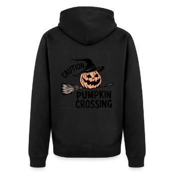 Halloween Kürbis Spruch Caution Pumkin Crossing - Unisex Premium Bio Zip Hoodie - Schwarz - Hinten - Nico (187cm)