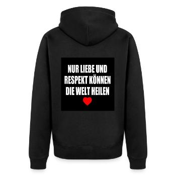 nur liebe und respekt können die welt heilen - Unisex Premium Bio Zip Hoodie - Schwarz - Hinten - Nico (187cm)