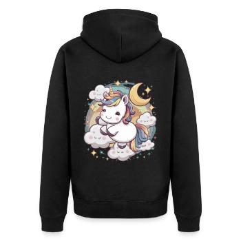 Kawaii Einhorn mit Wolken, Mond und Sternen - Unisex Premium Bio Zip Hoodie - Schwarz - Hinten - Nico (187cm)