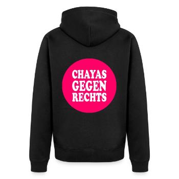 chayas gegen rechts - Unisex Premium Bio Zip Hoodie - Schwarz - Hinten - Nico (187cm)