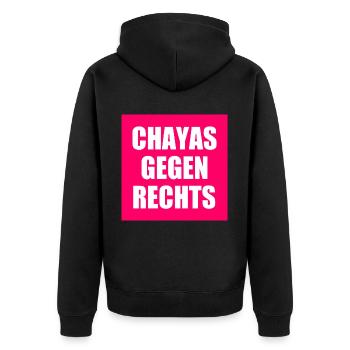 chayas gegen rechts - Unisex Premium Bio Zip Hoodie - Schwarz - Hinten - Nico (187cm)