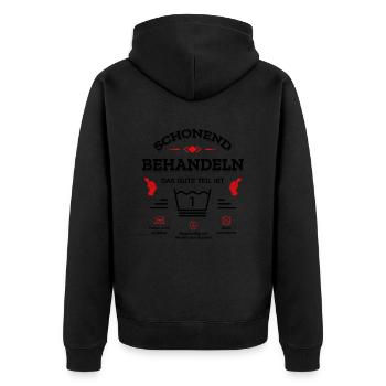 SCHONEND BEHANDELN 1 JAHR GEBURTSTAG BABY - Unisex Premium Bio Zip Hoodie - Schwarz - Hinten - Nico (187cm)