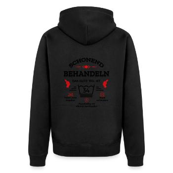 SCHONEND BEHANDELN 34. GEBURTSTAG - Unisex Premium Bio Zip Hoodie - Schwarz - Hinten - Nico (187cm)