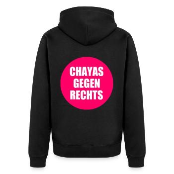 chayas gegen rechts - Unisex Premium Bio Zip Hoodie - Schwarz - Hinten - Nico (187cm)