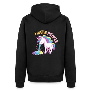I Hate People Einhorn Kotzt Regenbogen Lustig - Unisex Premium Bio Zip Hoodie - Schwarz - Hinten - Nico (187cm)
