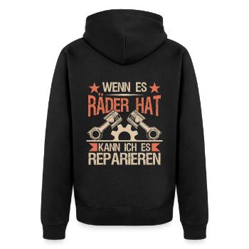 Autoschrauber Geschenke Mechaniker KFZ - Unisex Premium Bio Zip Hoodie - Schwarz - Hinten - Nico (187cm)