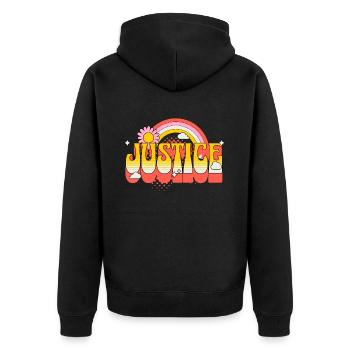 Gerechtigkeit Freiheit Frieden Toleranz Liebe - Unisex Premium Bio Zip Hoodie - Schwarz - Hinten - Nico (187cm)