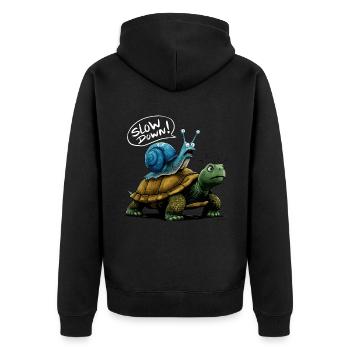 Schnecke reitet Schildkröte Lustige Tierfreunde - Unisex Premium Bio Zip Hoodie - Schwarz - Hinten - Nico (187cm)