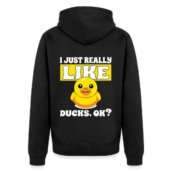 Drôle d’art du canard J’aime les canards - Veste à capuche bio Premium Unisexe - noir - Dos - Nico (187cm)