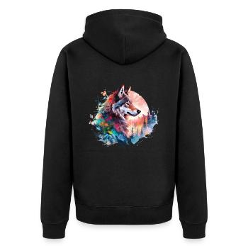 Wolf Wolfskopf Natur Wildnis Wald Bäume Kunst - Unisex Premium Bio Zip Hoodie - Schwarz - Hinten - Nico (187cm)