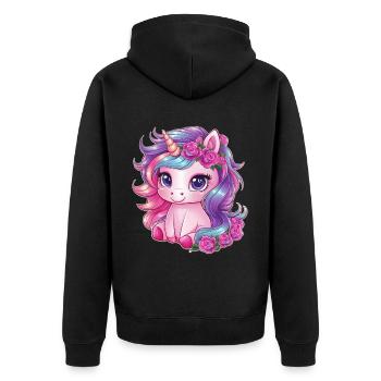 Kawaii Einhorn mit Rosen - Unisex Premium Bio Zip Hoodie - Schwarz - Hinten - Nico (187cm)