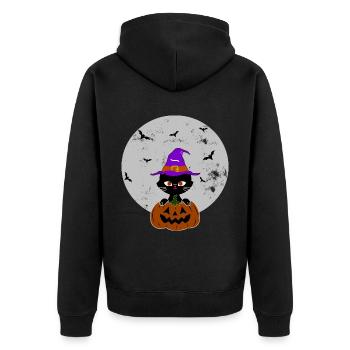 Halloween Katze Kürbis Hexenhut - Unisex Premium Bio Zip Hoodie - Schwarz - Hinten - Nico (187cm)
