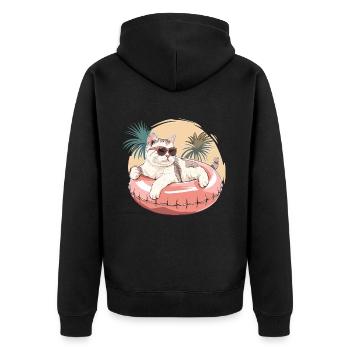 Katze mit Sonnenbrille im pinkem Schwimmreifen - Unisex Premium Bio Zip Hoodie - Schwarz - Hinten - Nico (187cm)