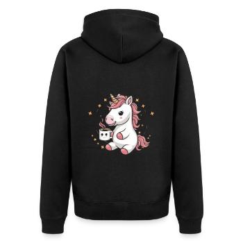 Kawaii unicorn drinking cocoa - Unisex Premium Organic Zip Hoodie - black - Back - Nico (187cm)
