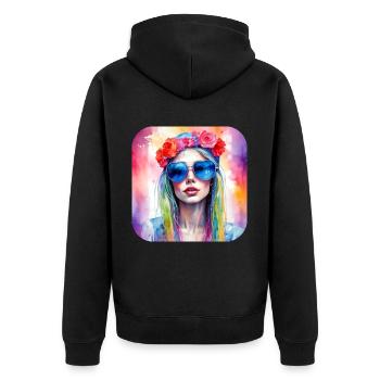 Cooles Girl mit Herzchen Sonnenbrille und Blumen - Unisex Premium Bio Zip Hoodie - Schwarz - Hinten - Nico (187cm)
