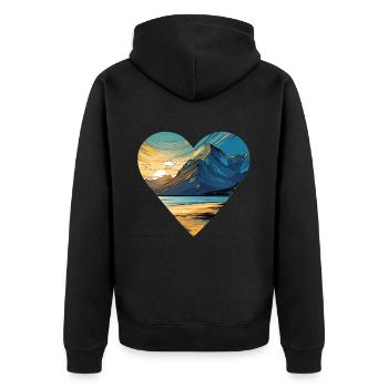 Berge im Sonnenuntergang IV in Herzform - Unisex Premium Bio Zip Hoodie - Schwarz - Hinten - Nico (187cm)