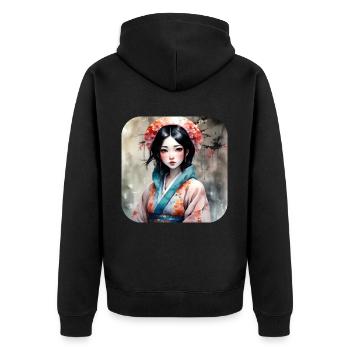 Niedliches Anime Manga Mädchen im Geisha Style - Unisex Premium Bio Zip Hoodie - Schwarz - Hinten - Nico (187cm)