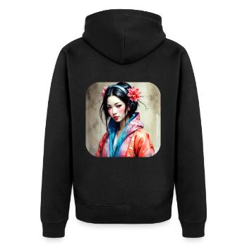 Cooles Anime Manga Mädchen im Geisha Style - Unisex Premium Bio Zip Hoodie - Schwarz - Hinten - Nico (187cm)