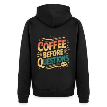 Coffee Before Questions 9 - Unisex Premium Bio Zip Hoodie - Schwarz - Hinten - Nico (187cm)