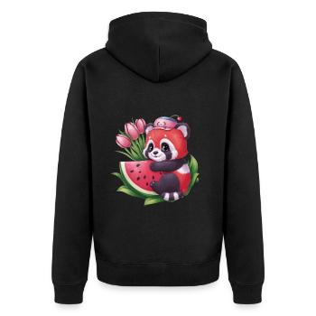 Roter Kawaii Panda mit Melonen und Tulpen - Unisex Premium Bio Zip Hoodie - Schwarz - Hinten - Nico (187cm)