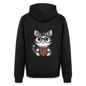 Niedliche Kawaii Katze mit Brille und Buch - Unisex Premium Bio Zip Hoodie - Schwarz - Hinten - Nico (187cm)