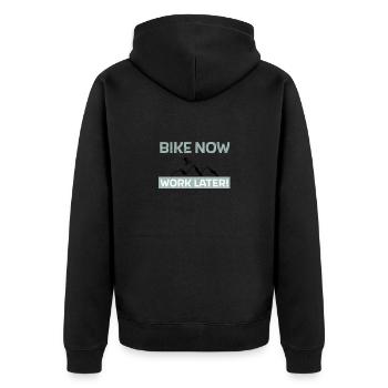 Bike now - work later - Unisex Premium Bio Zip Hoodie - Schwarz - Hinten - Nico (187cm)