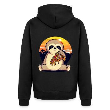 Pizza Faultier im Sonnenuntergang - Unisex Premium Bio Zip Hoodie - Schwarz - Hinten - Nico (187cm)